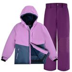 SMONTY Girls Snow Suit Winter Ski Jacket & Pants Set Hooded Straps Windproof Waterproof Warm Coat (6-7 Years, Violet and Navy)