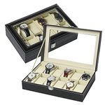 12 Slot Watch Display Box Organizer with Glass Lid, Black Pu Leather