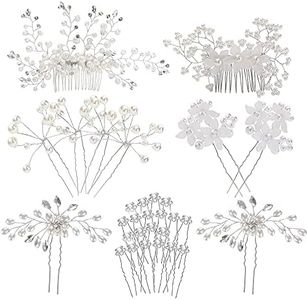 inSowni 30 Pack Silver Wedding Bridal Hair Side Combs+U Shaped Hair Pins Clips Barrettes Prom Hair Pieces Rhinestone Pearl Baby Breath White Flower Decorative Accessories for Women Girls Bridesmaids