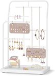 SONGMICS Jewelry Stand, Jewelry Organizer, Jewelry Display Holder with Metal Frame, 2 Earring Boards, 6 Hanging Rods, Necklace Earring Bracelet Holder, for Rings, Christmas Gift, Cloud White