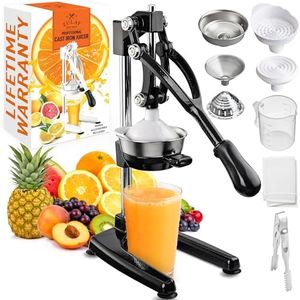 Zulay Kitchen Pulperizer 9 in 1 Cast Iron Juicer - Easy-to-Clean Heavy-Duty Manual Juicer with Presser Attachment to Juice All Types of Fruits! Extra Tall with Stainless Steel Bowl - Black