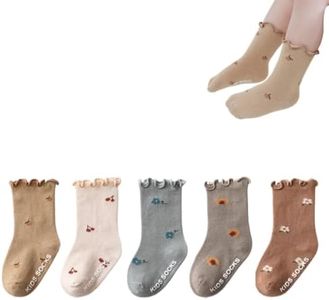 WATOCHE Baby Girls Socks Toddlers Ruffle Frilly Socks for Toddler Girls Baby Nonslip Cotton with Grips(Anti-slip Flower,0-6M)