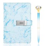 Diary with Lock Marble PU Leather A5 Journal Combination Lock Secret Personal with Diamond Pen(Blue)