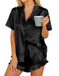 Hotouch Black Stain Pajama Set for Women Ruffled Notch Collar Silky Pjs Button Down Short Sleeve Lounge Sets M