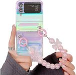 Clear Color Phone Case for Samsung Galaxy Z Flip 3 Pink Strap, Fashion Wristband Case for Galaxy Z Flip 3 Laser Effect, Cute Girly Case for Samsung Z Flip 4 Beads Lanyard (Pink Strap)