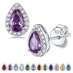 Bestyle 925 Sterling Silver CZ Created Teardrop Diamond Studs | Classic Silver February Amethyst Birthstone Earrings for Women, Great Birthday Gift for Daughter/Wife/Mom/Grandma