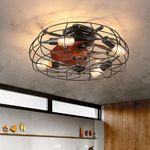 WDENI Boho Ceiling Fan, 20 inch Caged Ceiling Fans with Lights Remote Control, Bamboo Rattan Fandelier Ceiling Fans Flush Mount 6 Speed Reversible Airflow(No Warranty on Bulbs)