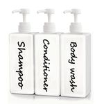 21oz Shampoo and Conditioner Dispenser (Set of 3) Modern Refillable Shampoo Pump Bottles for Shower Soap - Empty Shampoo Conditioner Body Wash Dispenser Set - Stylish Permanent Labels - for Bathroom