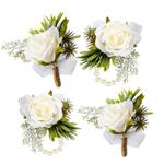 Aliangting 4 Pcs White Rose Ladies Wrist Flower and Men's Buttonhole Corsage Suitable for Bride and Bridesmaid Wedding Prom