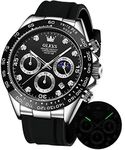 OLEVS Watches for Men Analog Quartz Chronograph Watch Moon Phase Silicone Waterproof Diamond Dress Luminous Easy Reader Wrist Watches Silver Black Face
