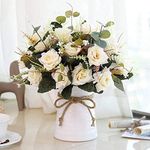 LESING Artificial Flowers in Vase Silk Rose Flower Arrangements Fake Faux Flowers Bouquets with Ceramics Vase Table Centerpieces for Dinning Roon Table Kitchen Decoration (Champagne)