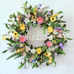 TOKCARE Spring Wreaths for Front Door, 22 Inch Eucalyptus Wreath with Hello Sign, Colorful Little Daisies and Winter Jasmine, Spring Summer Decoration Home/Window/Farmhouse/Indoor and Outdoor