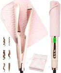 ANGENIL Pro Twist Flat Iron 1 Inch, Round Pink Dual Voltage Hair Straightener and Curler 2 in 1, Tourmaline Ceramic Ionic Hair Curler with Anti-Scalding Silicone Mat Pad, 30s Fast Heating, LCD Display