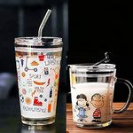 KELVEE Glass Mug Random Design Cartoon Pattern, Creative Multipurpose Drinking Measuring Mug/Cup with Silicone Straw and Lid (350ml+400ml) -Pack of 2 (Dolphin + Printed)