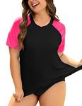 COOTRY Womens Plus Size Rash Guard Short Sleeve Swim Shirt UPF 50+ Sun Protection Swim Top Pink 2XL