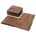 Deck Tiles - Pack of 10 Waterproof Acacia Wood Patio Tiles, Flooring Tiles for Indoor and Outdoor - Decking Stripe Pattern, Dark Brown, 12 x 12 x 1.7 inches