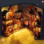 3D Wooden Puzzle Bookend DIY Book Nook Kit with LED Light Shelf Insert Alley Miniature Dollhouse Model Building Set Craft for Birthday Gifts Home Desk Decoration