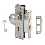 ToPToToo Mortise Lock Set for Interior Door or Exterior Door, Vintage Antique Door Knobs with Lock and Skeleton Key, Old Door Knob Replacement Fits 1-3/8 in -1-3/4 in, Brushed Satin Nickel Finish