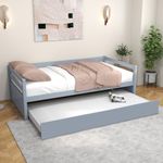 KOMFOTT Twin Bed with Trundle, Wood Daybed Frame with Trundle, No Box Spring Needed Sofa Bed Frame, Twin Size Trundle Bed for Living Room Guest Room & Children Room