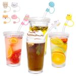 Invalidism 4pcs 375ml Ribbed Glass Cup with Lids and Straws Set, Drinking Glasses Iced Coffee Cup and Straws, 8pcs Silicone Straw Covers Cap, Glass Tumbler with Straw and Lid, Ribbed Drinking Glasses