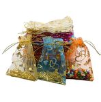 DMS RETAIL Printed Organza Bag S|Organza Return Gift Bags|Drawstring Pouches For Wedding Pack Of 25 (9X12 Cms), Fabric, Multi Color