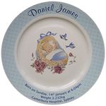 Personalised Baby Birth Plate -Blue Cradle Design on a Plate with Blue Rim