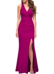 WOOSEA Women Sleeveless V Neck Bodycon Mermaid Split Evening Cocktail Long Dress, Magenta, X-Large