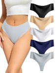 VOENXE Seamless Thong Underwear for Women,No Show High Waisted Ladies Panties Line,Breathable Comfortable Invisible String Tanga,Workout Undies,5 Pack