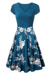 YMING Women Elegant Cocktail Princess Dress V-Neck Party Dress Audrey Elegant Floral Print Dress Lightblue Flower L