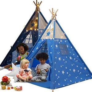 LimitlessFunN Stars Cotton Teepee Kids Play Tent | Includes Pockets, Wooden Poles, Waterproof Base, Star Lights, Feathers & Case |, Children Indoor Playhouse for Boys, Toddlers, 47" D x 47" W x 57" H
