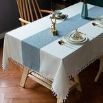 TEWENE Table Cloth, Cotton Linen Tablecloths Wrinkle Free Tablecloth Rectangle Table Cloths Tassle Table Clothes for Rectangle Tables, Kitchen, Dining, Outdoor Table(55''x120''/10-12 Seats/Blue)