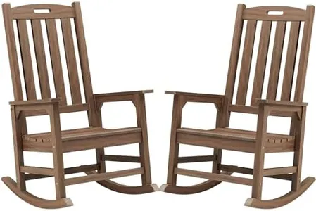 Psilvam Outdoor Rocking Chair Set of 2, Poly Lumber Oversized Rocking Chair with 21" Wide Seat and 32" Tall Backrest, Pre-Assembled with Most Components for Effortless Installation(Bright Brown)