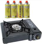 T&B Premium Camping Gas Stove with Automatic Ignition - Camping Stove Gas Portable with Butane Canisters + Carry Case - indoor/outdoor Caravan Cooker best Camping Accessories (STOVE + 4 BUTANE CANS)