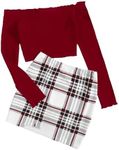 SHENHE Women's 2 Piece Outfits Off Shoulder Ribbed Long Sleeve Crop Top and Plaid Mini Skirt Set Red and White Small