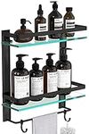 Vdomus Floating Glass Bathroom Shelf, Tempered Extra Thick Glass Bathroom Shower Caddy 2 Tier Shelf with Towel bar Wall Mounted Shower Bathroom Toilet Storage 15.2 by 5 inches (Matte Black)