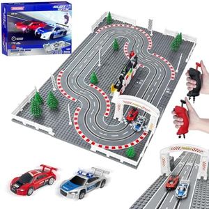 UNIKONIO Slot Car Race Track Sets with 2 Lap Counter Tracks 2 Adjustable Speed Controllers 2 Cars, Battery or Electric 1:87 Block Building Baseplate DIY Racetrack for Kids Boys Girls Ages 8+