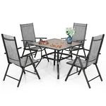 PHIVILLA Garden Furniture Sets with Garden Table and Chairs, Outdoor Patio Set with Adjustable Garden Foldable Chairs & Square Wood-Like Metal Steel Patio Dining Table with 4cm Umbrella Hole, Grey