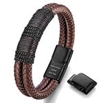 murtoo Mens Bracelet Leather and Steel, Double Row Braided Brown Black Leather Bracelet with Chain for Men Magnetic Leather Bracelet Gifts for Men (Brown, 9.5 inch)