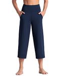 Tmustobe Bootcut Yoga Capris for Women High Waist Crop Pants Tummy Control Lounge Wide Leg Pants with Pockets Navy Blue