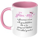 Funny Grandma Theme Ceramic Coffee Mug Glam-ma Definition Great Mother’s Day Gift Idea Grandparents Day Christmas Birthday Gift for First Time Grandmother Granny Tea Cup 11 oz White Pink