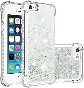 COTDINFOR Compatible with iPhone 5 Case Glitter Liquid Cute Clear Phone Case Floating Quicksand Shockproof Protective Bumper Silicone Soft TPU Case for iPhone 5 / iPhone 5S Love Sliver YB