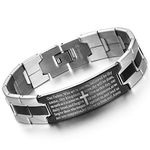 Cupimatch Mens Religious Silver Black Two Tone Stainless Steel English Bible Lord's Prayer Cross Link Chain Bracelet Bangle 8.1 Inch