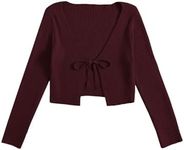 Floerns Women's Tie Front Long Sleeve Rib Knit Shrug Sweaters Cardigan Crop Top Maroon S