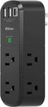 USB Outlet Extender Surge Protector - with Rotating Plug, 6 AC Multi Plug Outlet and 3 USB Ports (1 USB C), 3-Sided Swivel Power Strip with Spaced Outlet Splitter for Home, Office, Travel (Black)