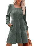 SAMPEEL Fall Dresses for Women 2024 Clothes Trendy Square Neck Long Sleeve Babydoll Casual Sweater Dress Green M