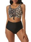 ZAFUL Women's Scoop Neck Tropical Leaf Knotted Two Pieces Tankini Set Swimsuit (A-Black+Leopard, L)