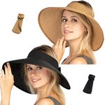 Women Sun Visors Foldable Straw Hats Summer Beach Packable Hat Floppy Wide Brim Cap Big Heads Sombrero Black Khaki