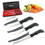 Meat and fish Fillet Knife - Curved salty water resistant german steel blade with sheath, sharpener and gift box, ideal for filleting and deboning indoor or outdoor. (Set of 5,7 & 9 Inch)