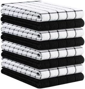 Kitinjoy Premium Kitchen Towels (16"x 28", 8 Pack), Large 100% Cotton Terry 390 GSM Kitchen Hand Towels, Ultra Absorbent Check Design Tea Towels Set with Hanging Loop, Black