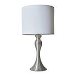 Modern Brushed Chrome Spindle Design Table Lamp with a White Drum Shade
